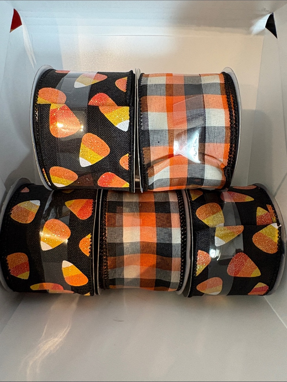 Festive Candy Corn and Plaid Decorative Wire Ribbon Set - Black & Orange